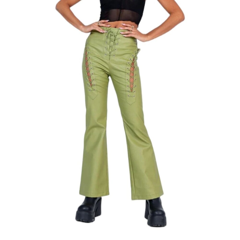 NWT Princess Polly Size 8 Harvey PU Pants Green Faux Leather Lace Up Flare READ